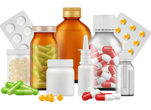 Assortment of generic medicines and pharmaceutical packaging